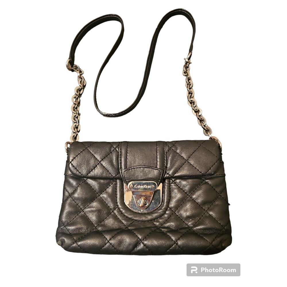 Calvin Klein Quilted Flap Crossbody Mini Bag Clutch‎ Purse BLACK Leather